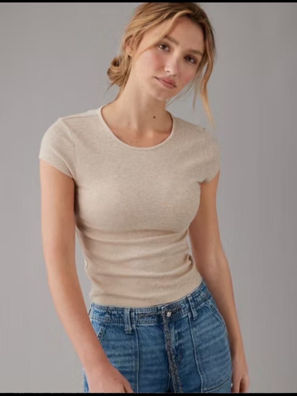 American Eagle Outfitters Beige Ribbed  Short Sleeve Crewneck Tee